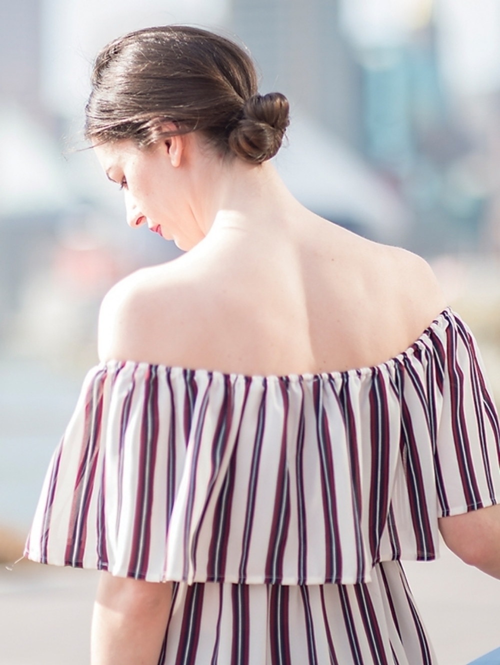 Striped Off-Shoulder Ruffle Top in Cream with Navy & Red Stripes